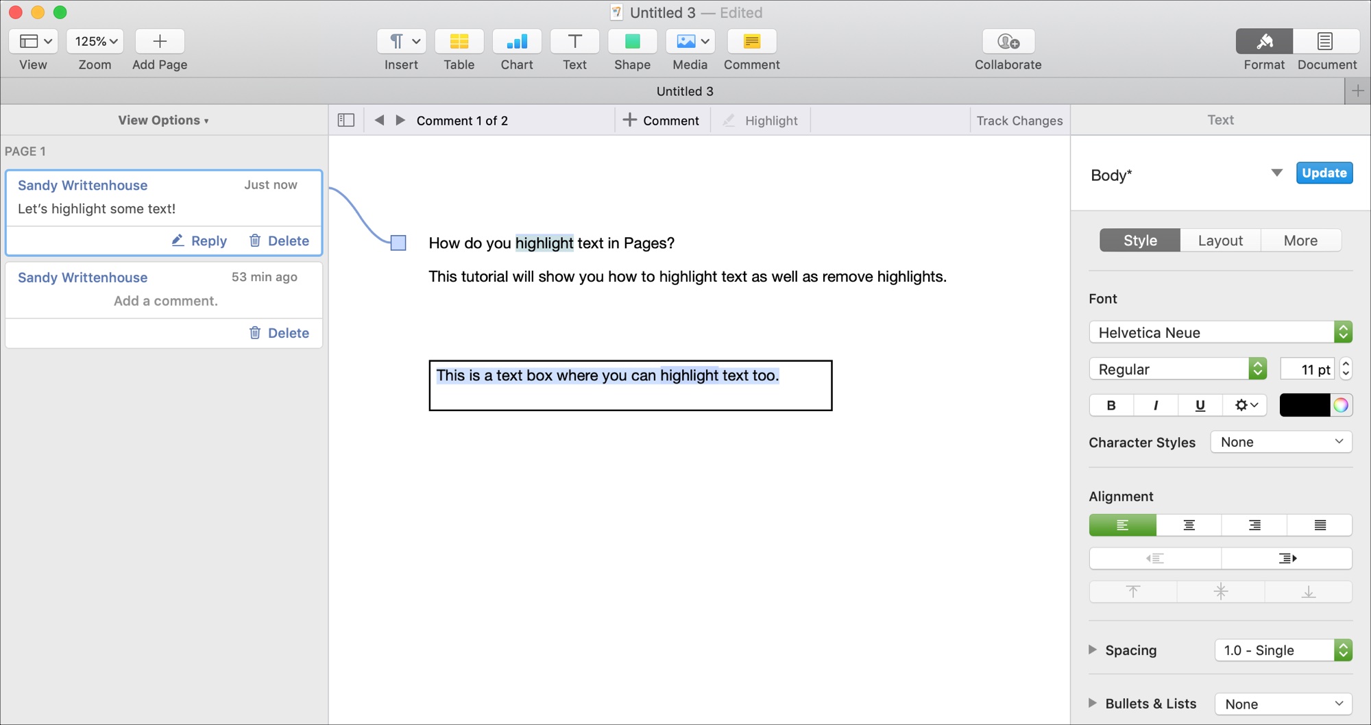 Highlight text in Pages on Mac with Comments