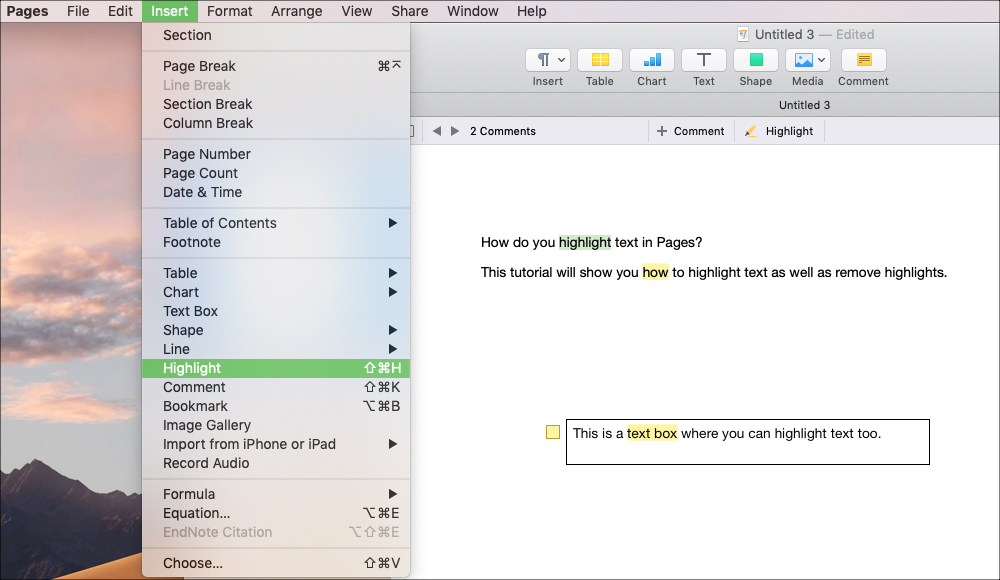 Highlight text in Pages on Mac