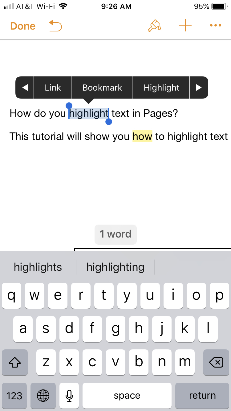 Highlight text in Pages on iPhone