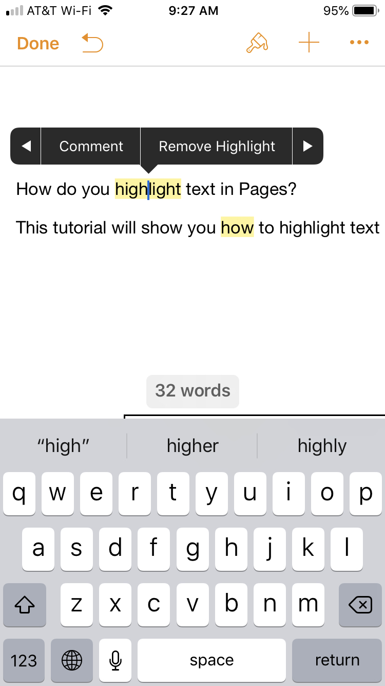 Removed Highlight text in Pages on iPhone