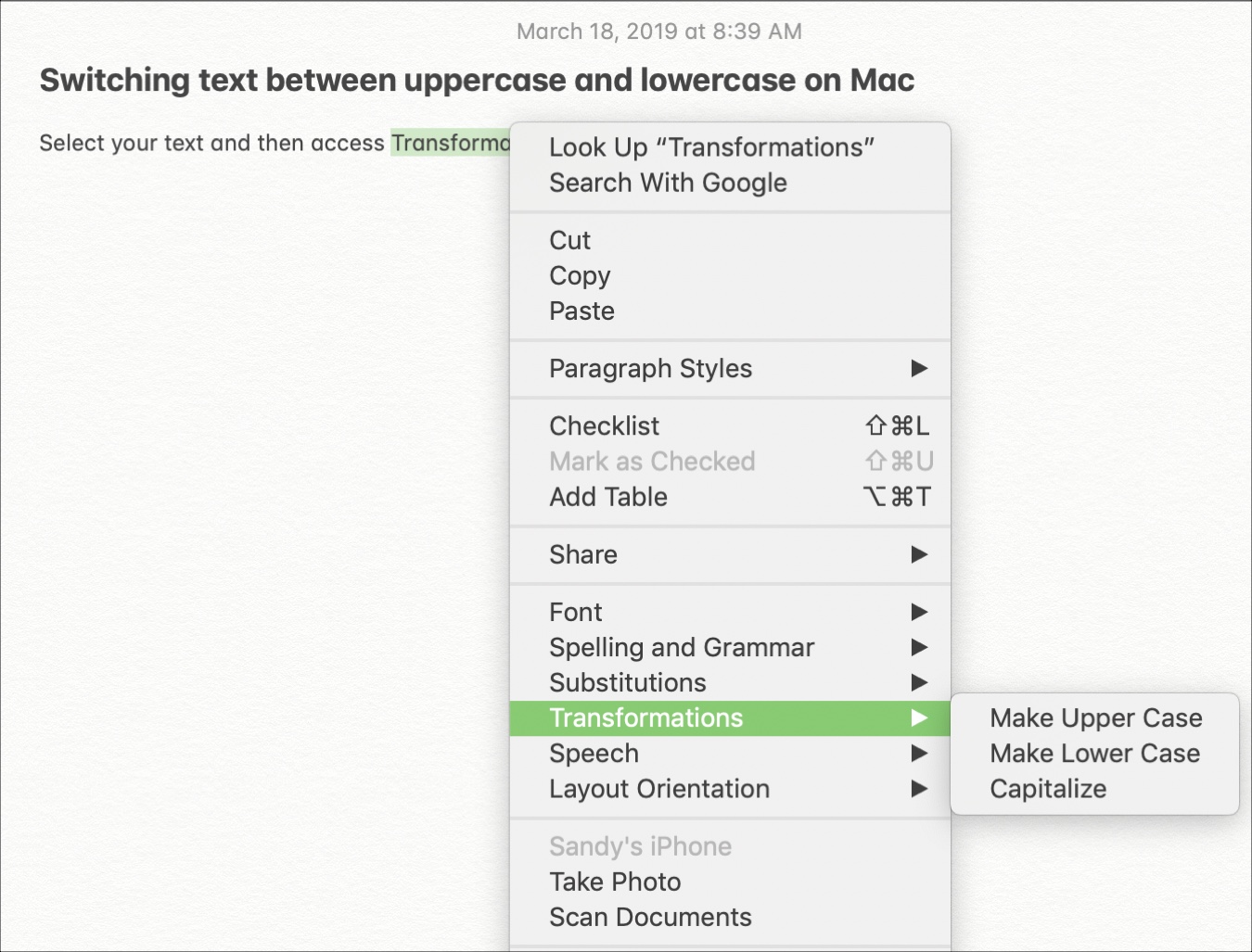 Transformations Context Menu Uppercase and Lowercase on Mac