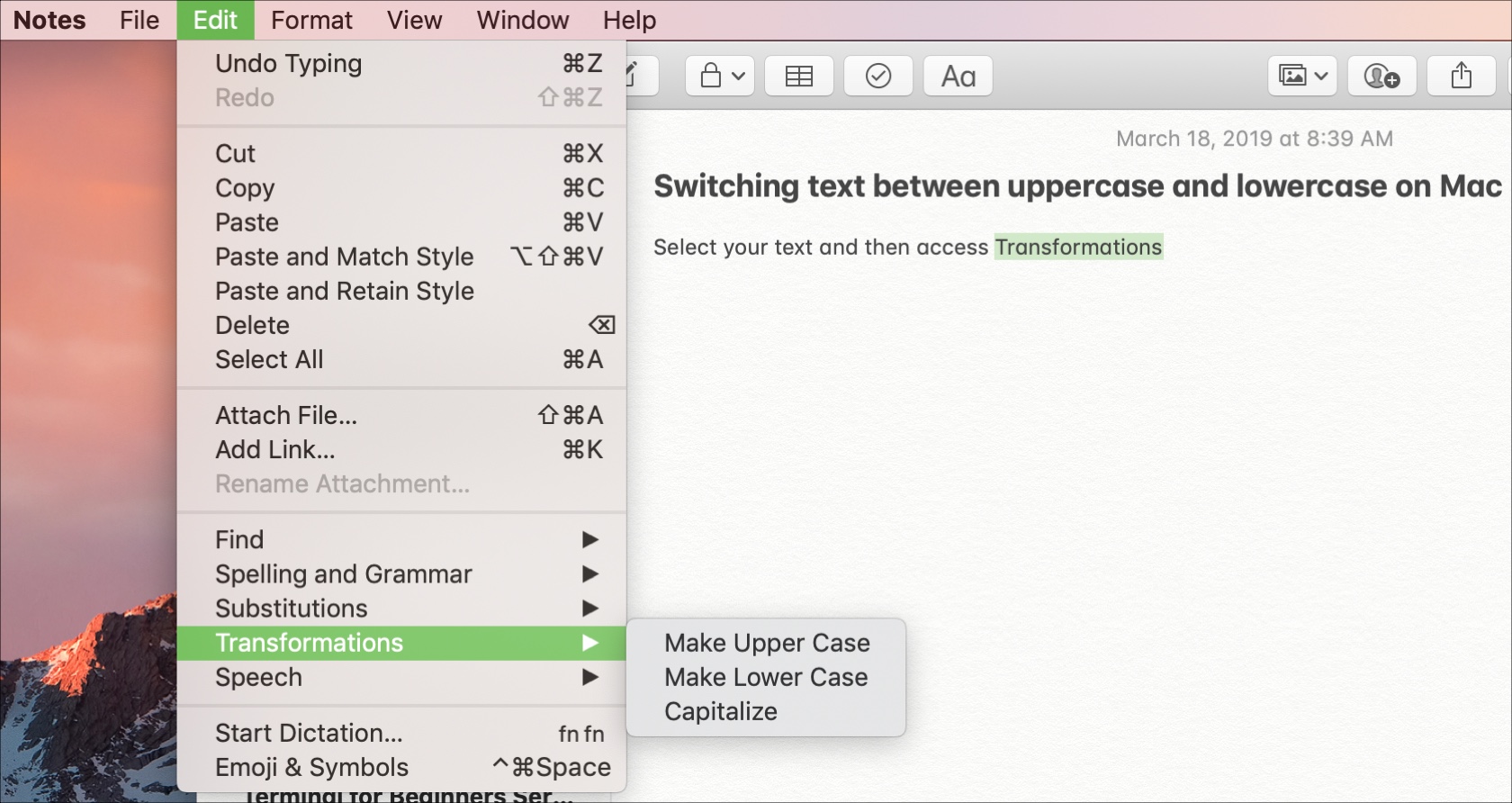 Transformations Menu Bar Uppercase and Lowercase on Mac