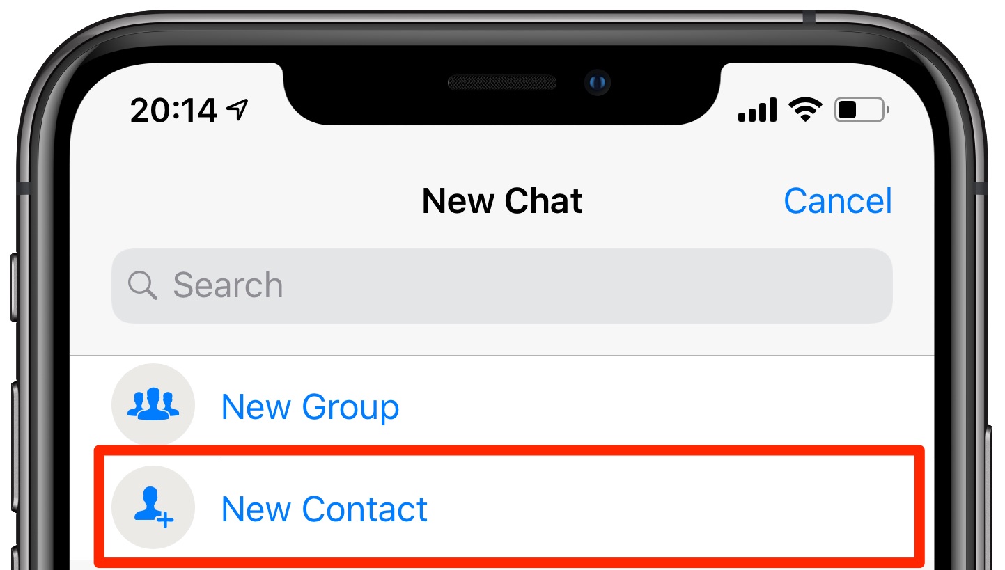 Check WhatsApp number: tap New Contact