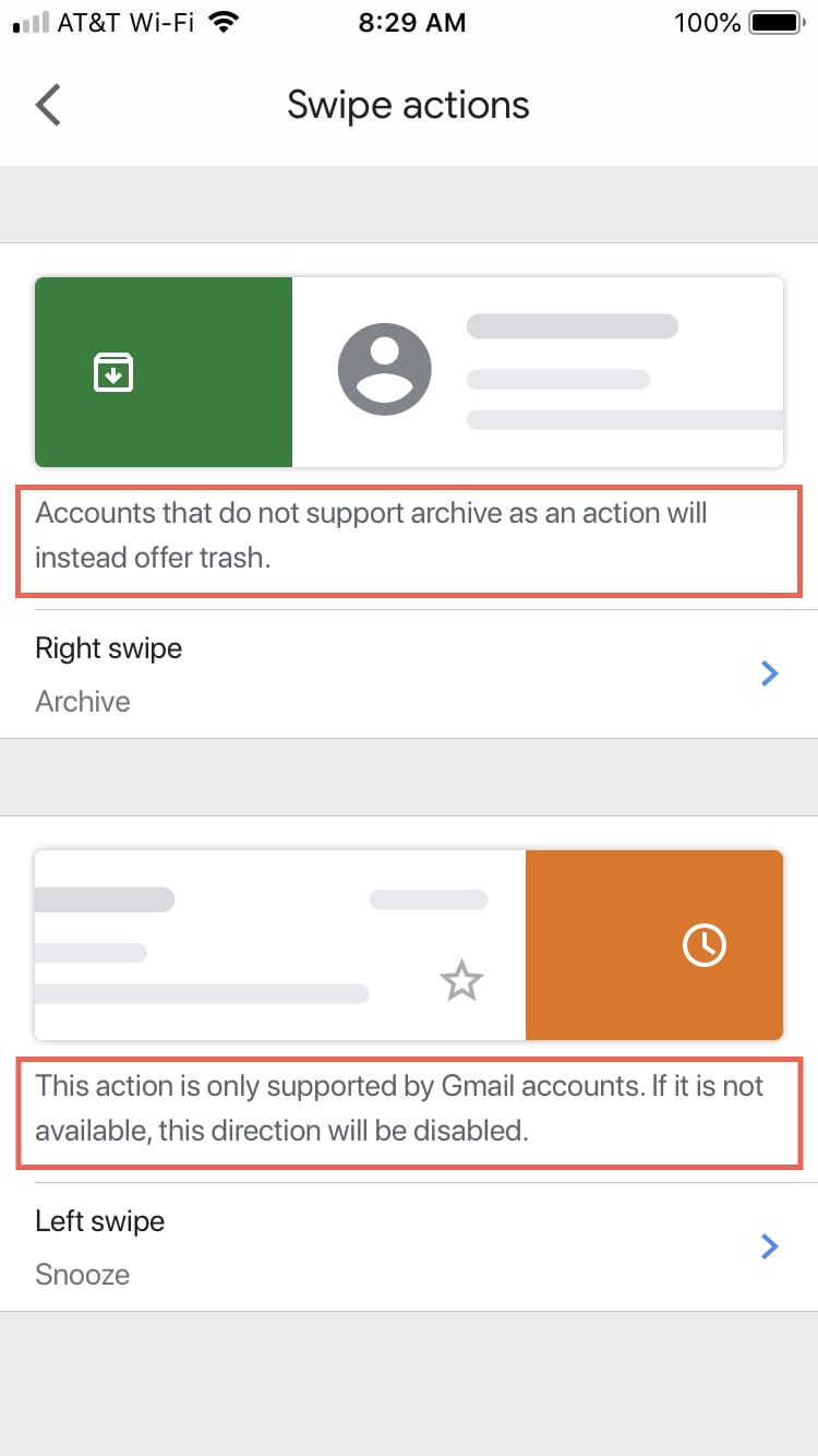 Gmail app Swipe Actions Notes iPhone