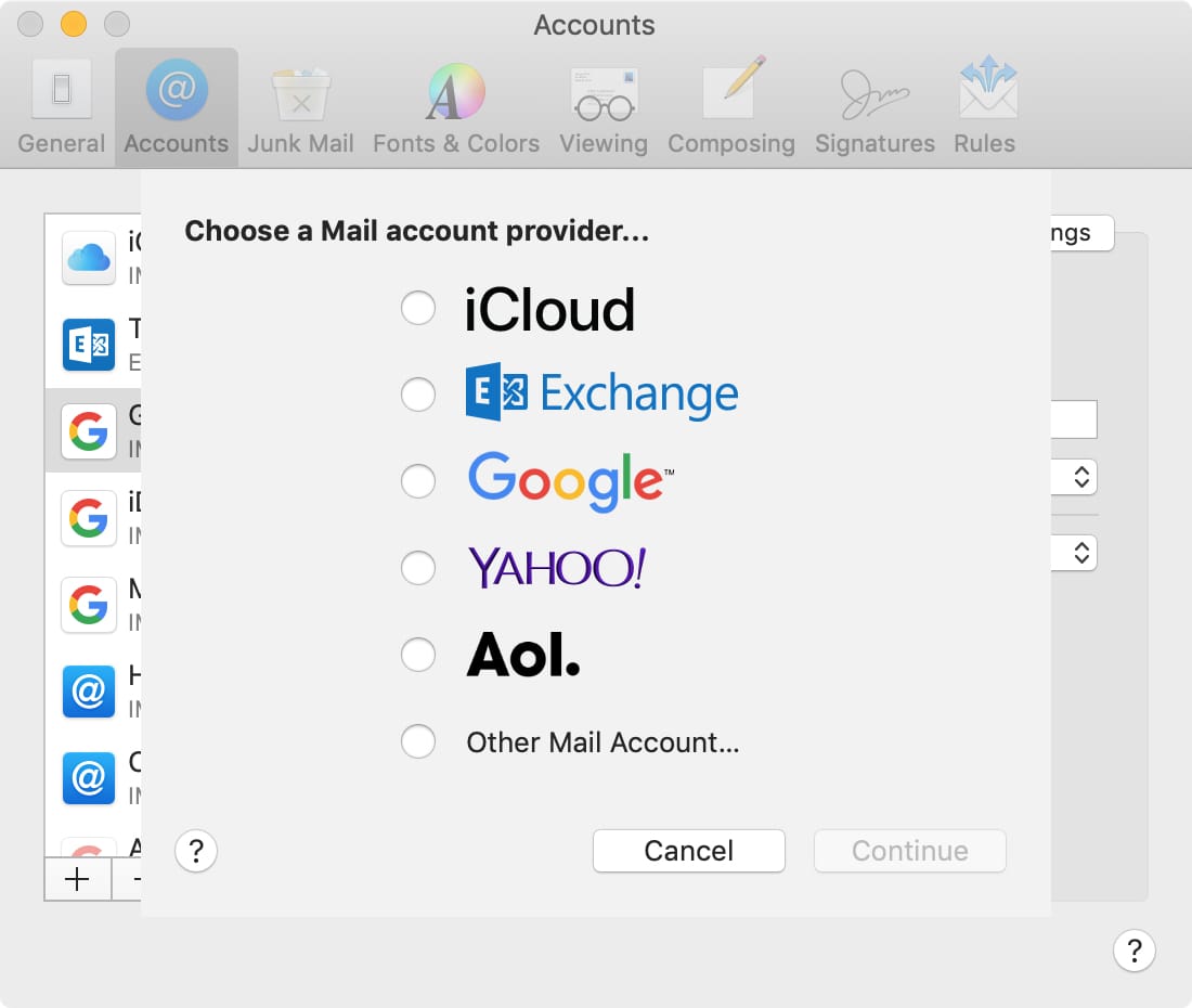 Select email account type to add to Mail Mac