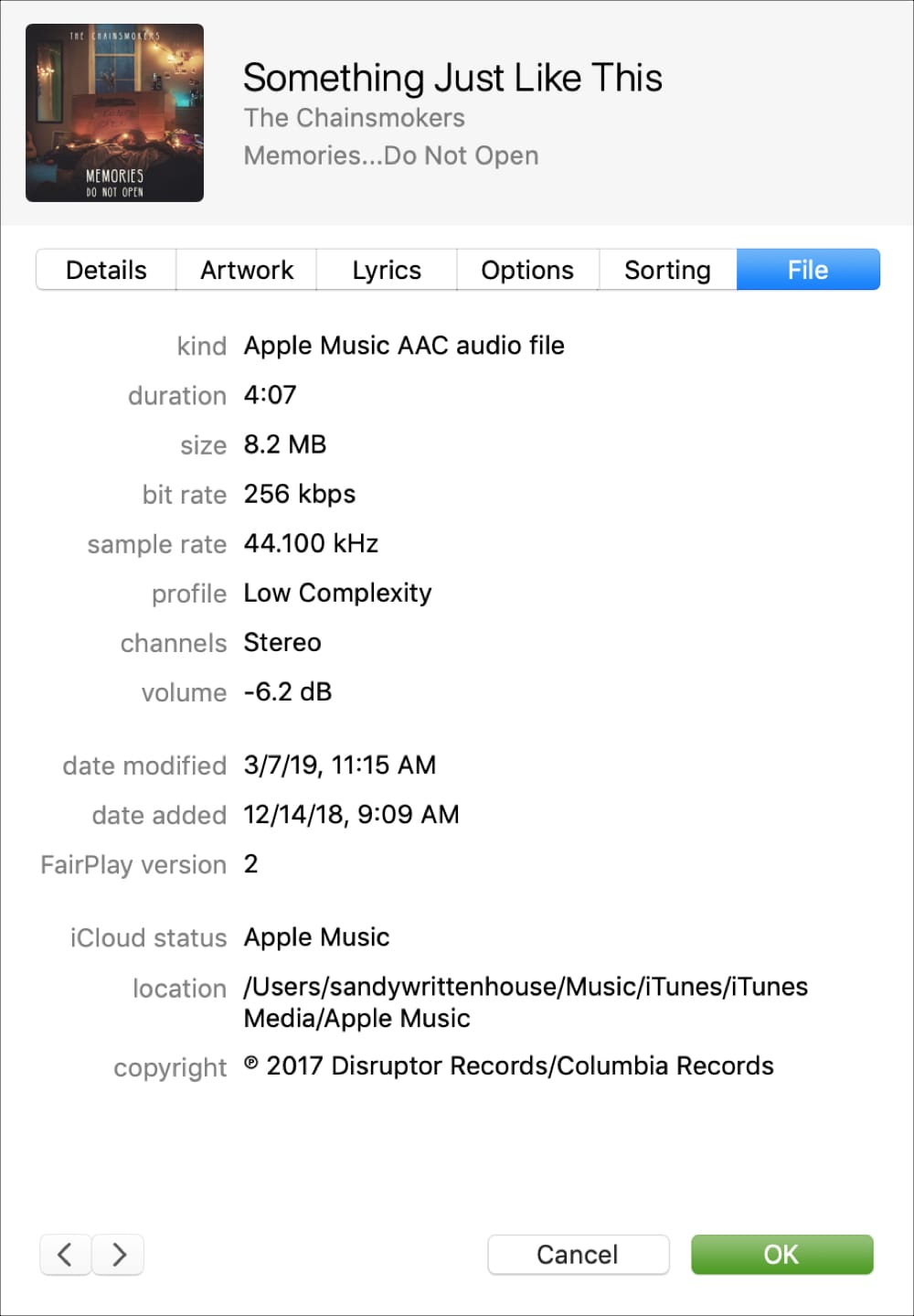 Song Info File Section iTunes
