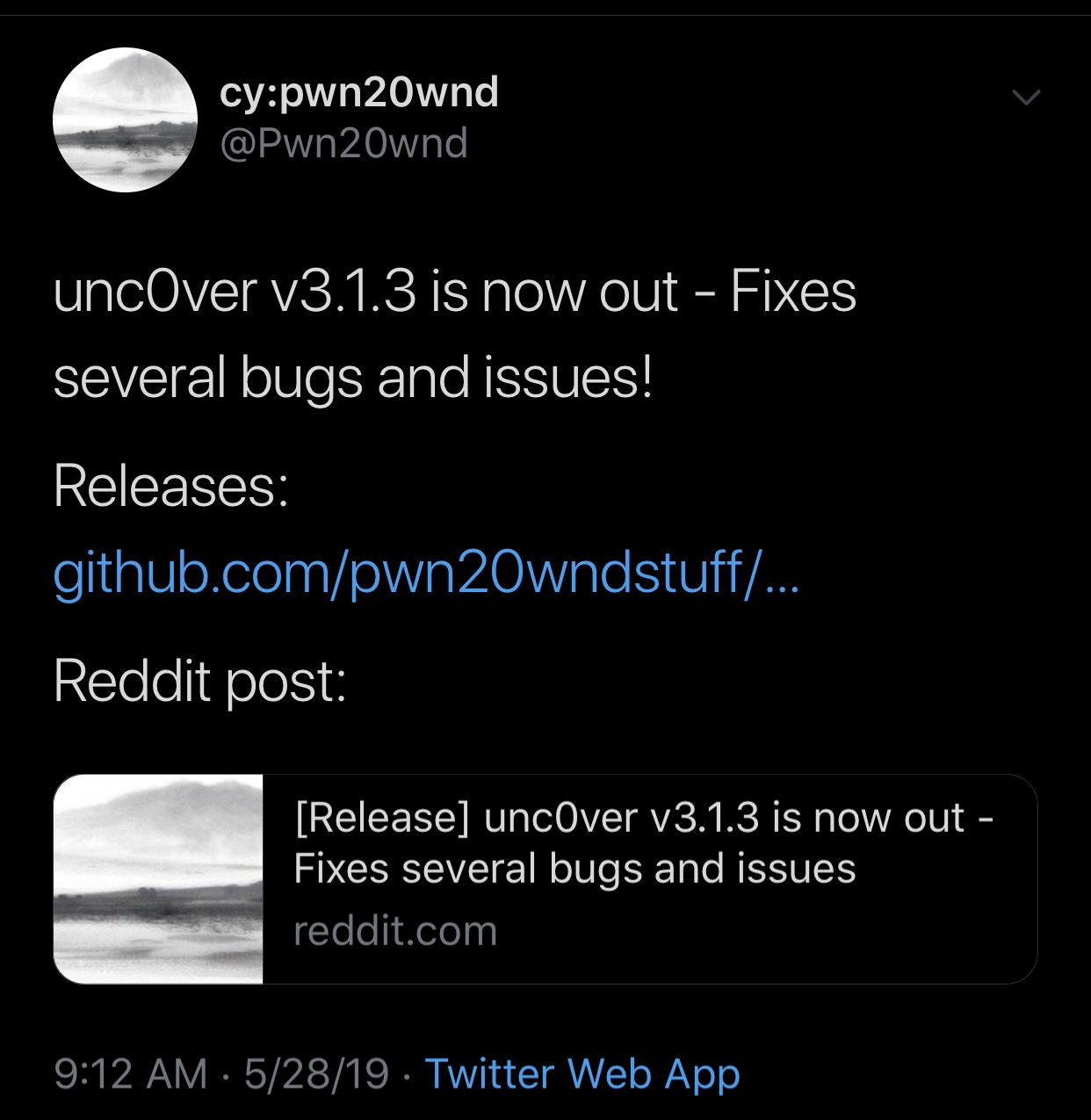 Pwn20wnd Tweet about unc0ver v3.1.3