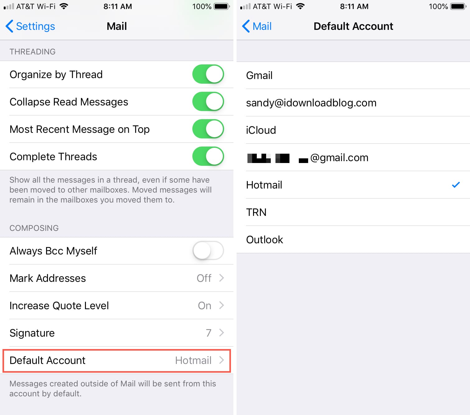 Default Email Account on iPhone