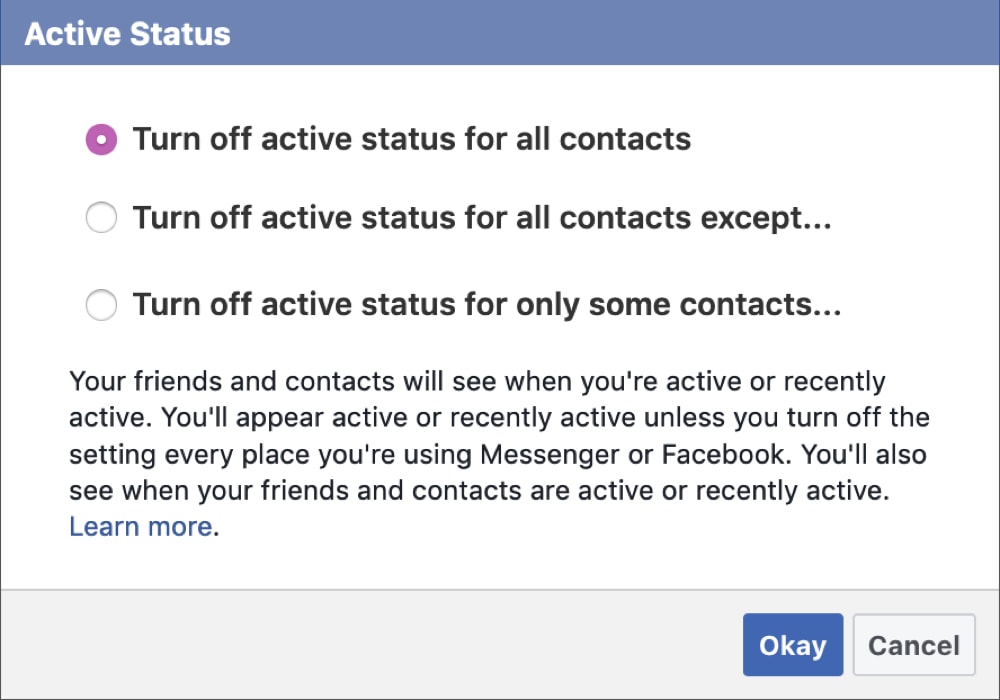 Actieve status Facebook-website uitschakelen