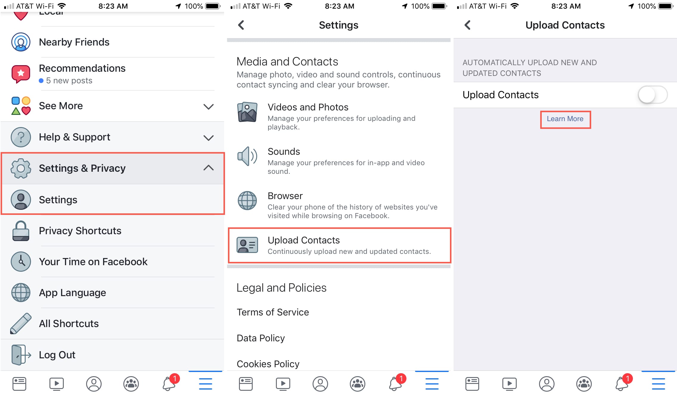 Facebook Settings Upload Contacts iPhone