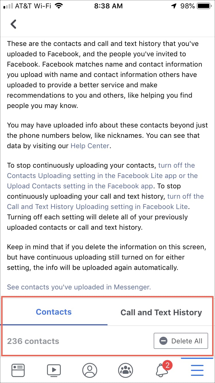 Facebook Uploaded Contacts iPhone