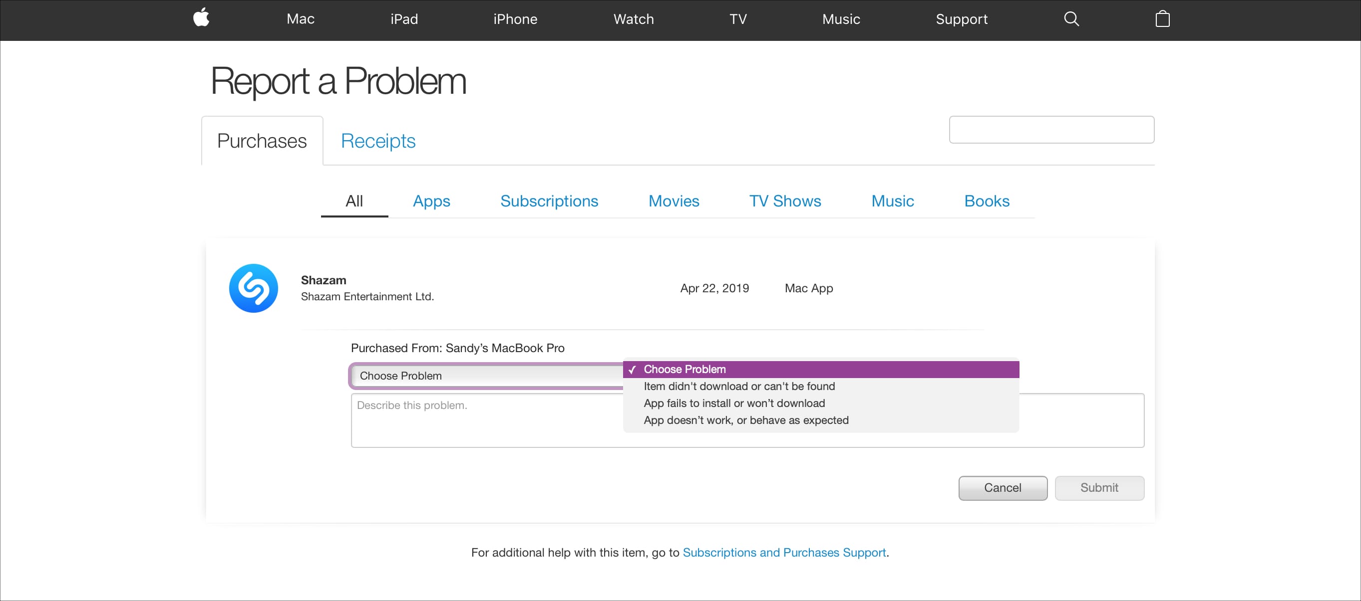 Request Refund Mac app from iTunes Report a Problem Site