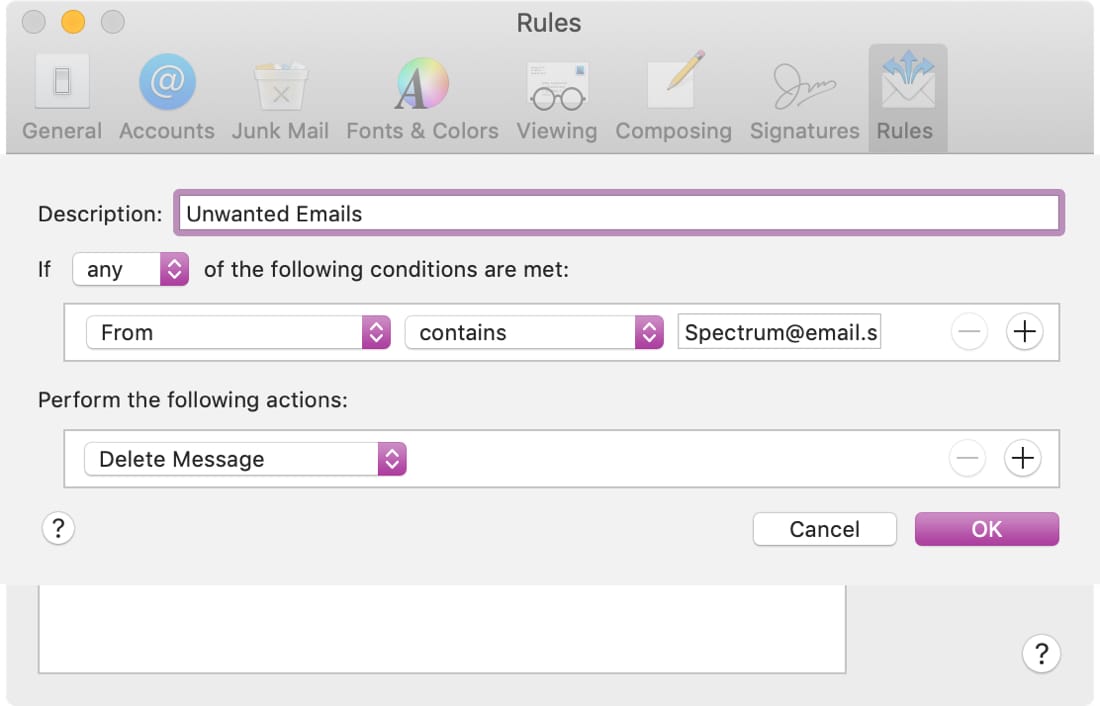 Unwanted Email Rule in Mac Mail