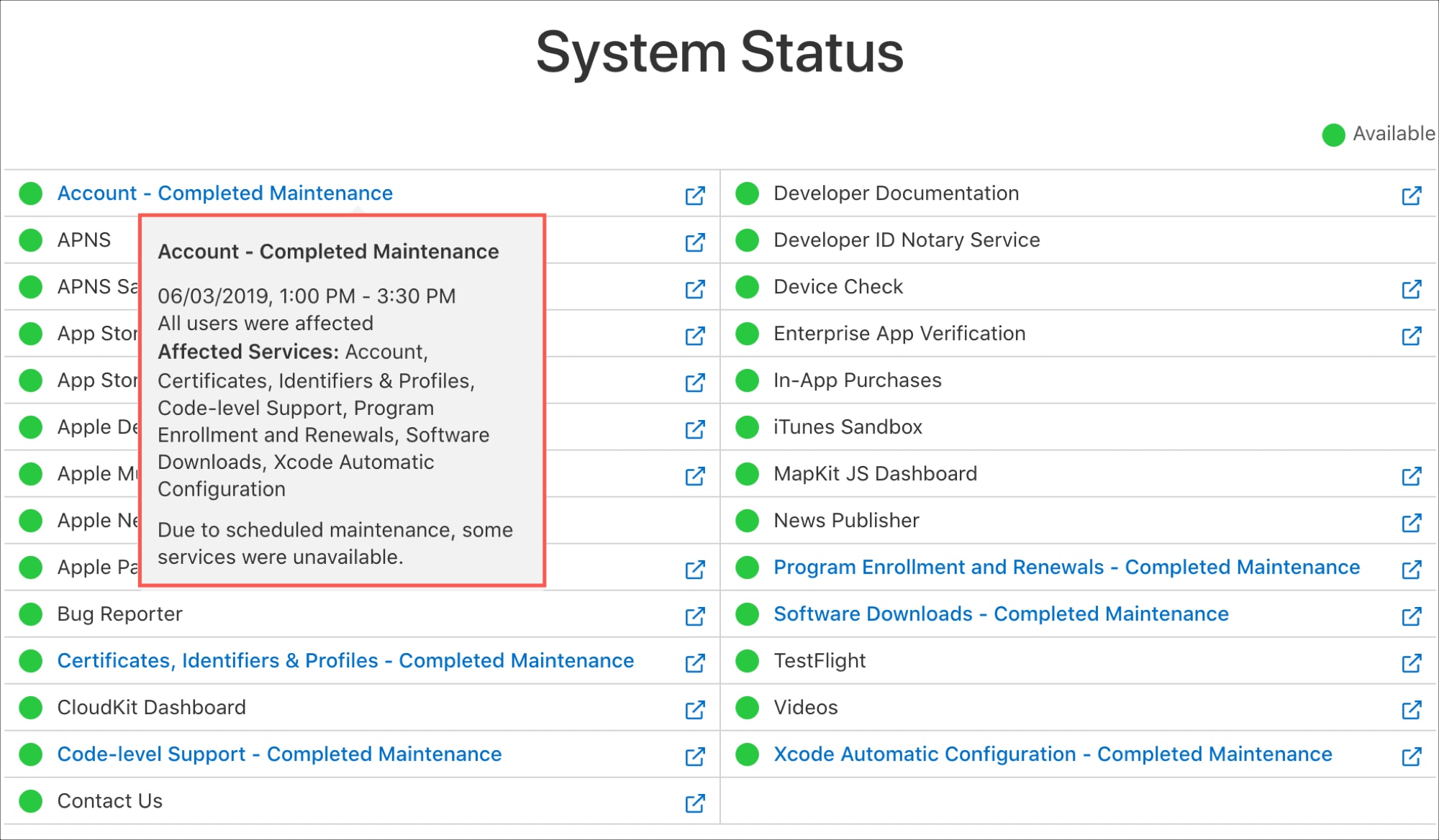 Developer Apple System Status