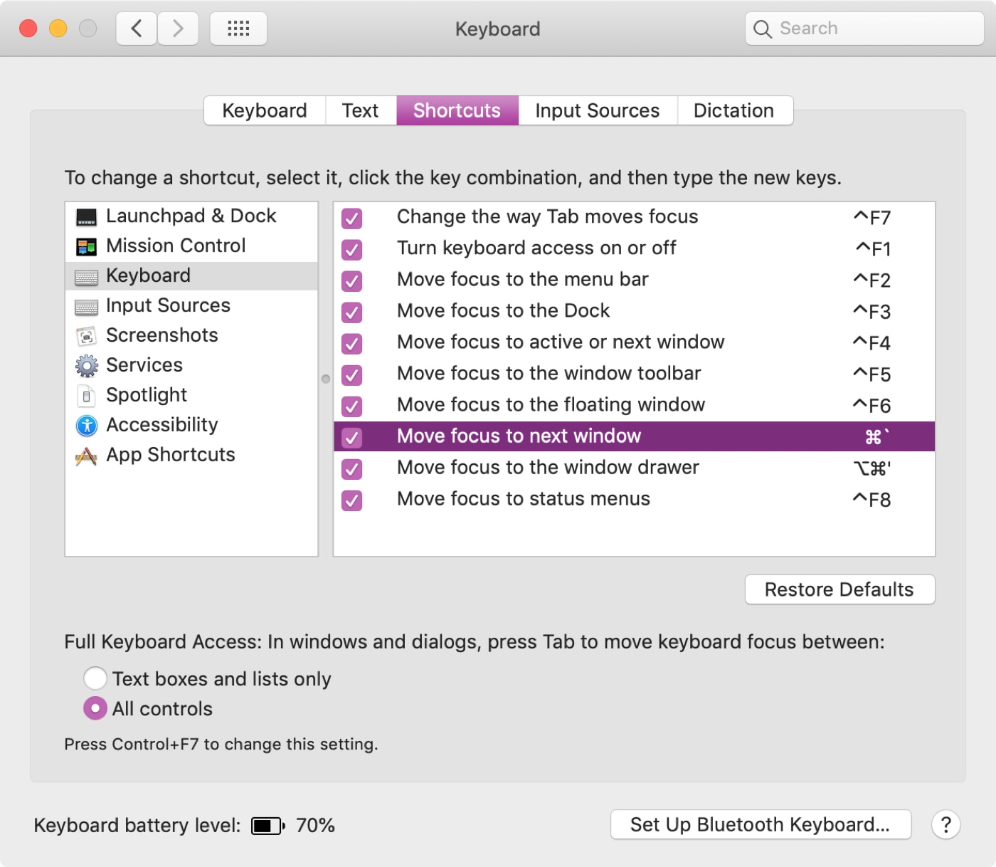 Keyboard Shortcuts in System Preferences Mac