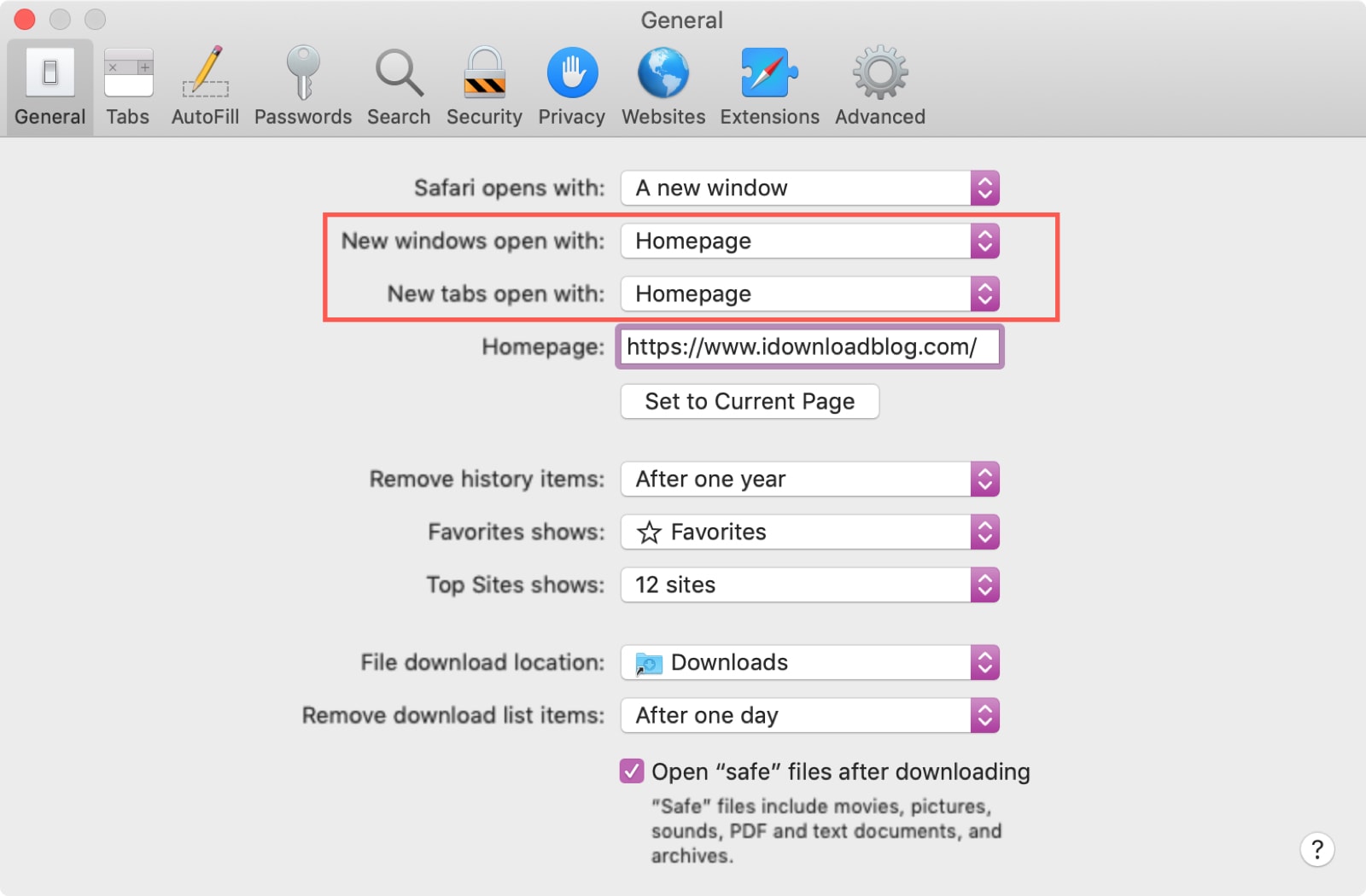Set Homepage New Window and Tabs Safari Mac