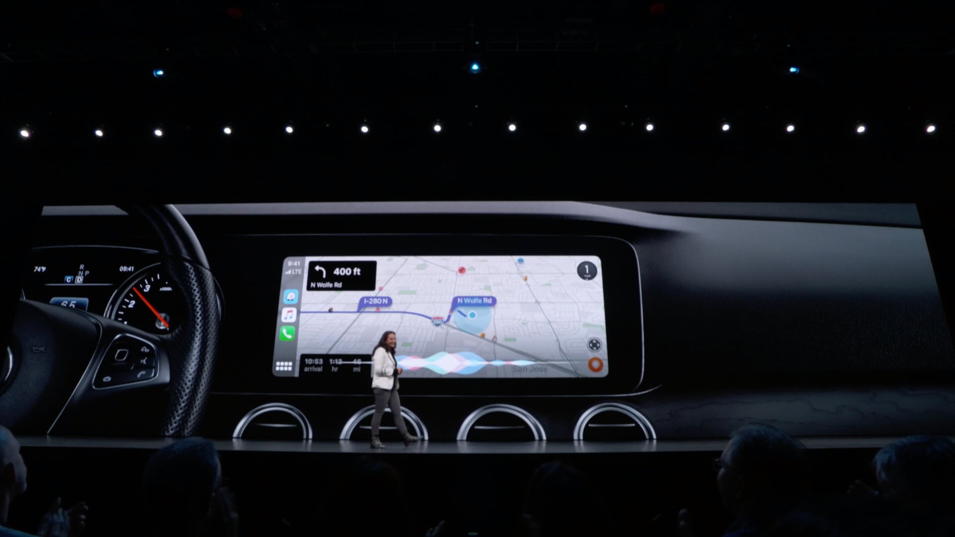 A WWDC19 slide showing CarPlay with Maps navigation and Siri