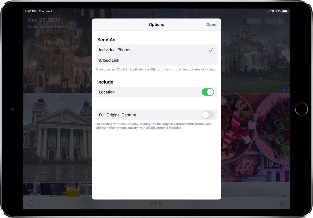 The hidden share settings screen in the Photos app on iOS 13