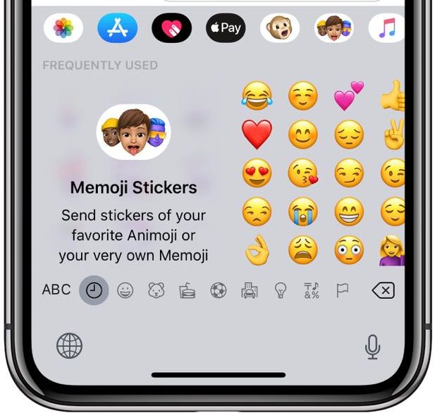 iPhone emoji keyboard with the Memoji Stickers section displayed