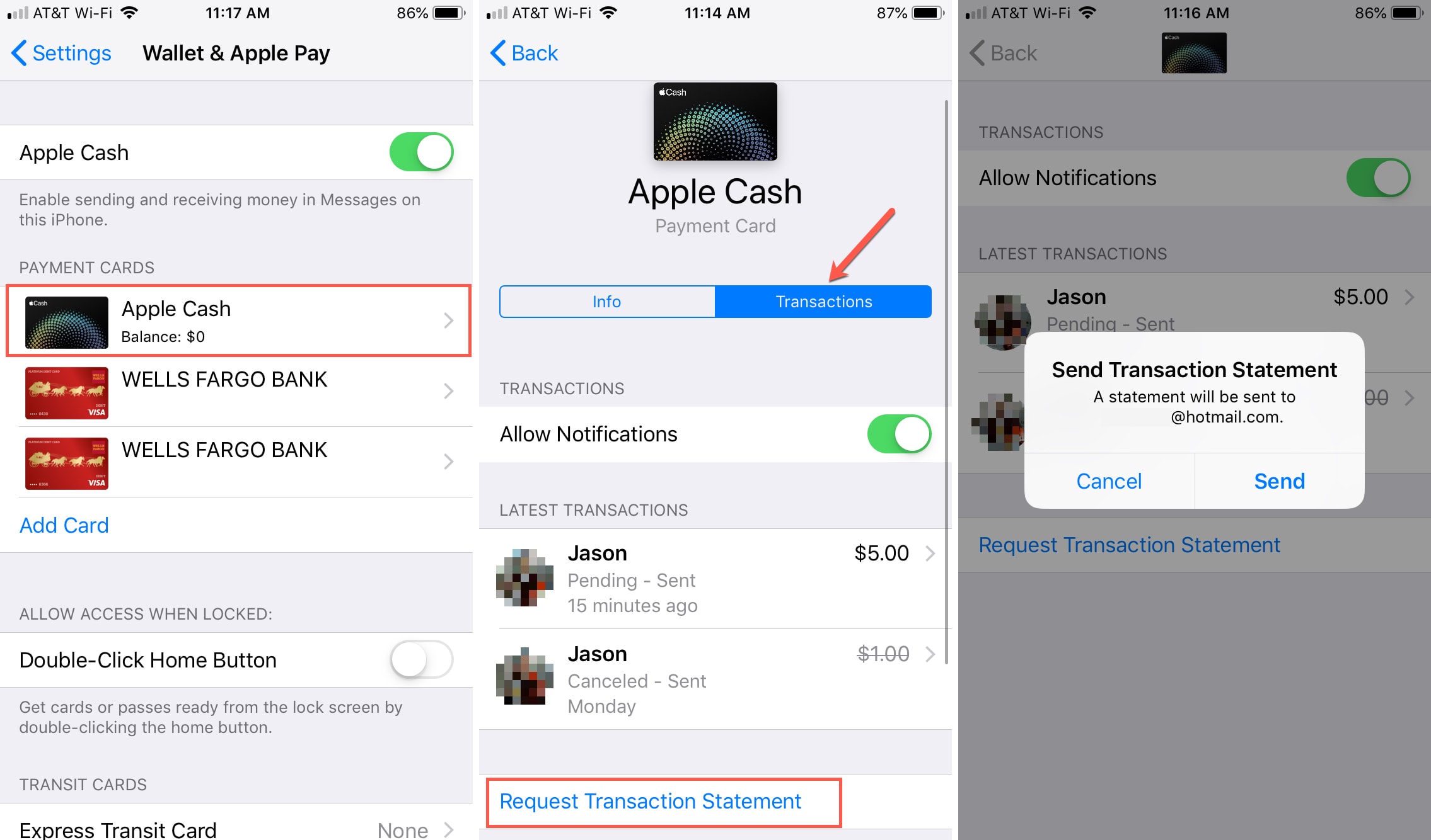 Apple Cash Transactions in Settings iPhone
