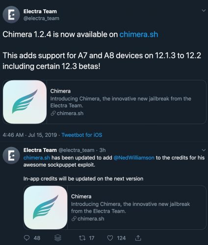 Chimera v1.2.4 brings support for A7-A8 devices running iOS 12.1.3-12.3 ...