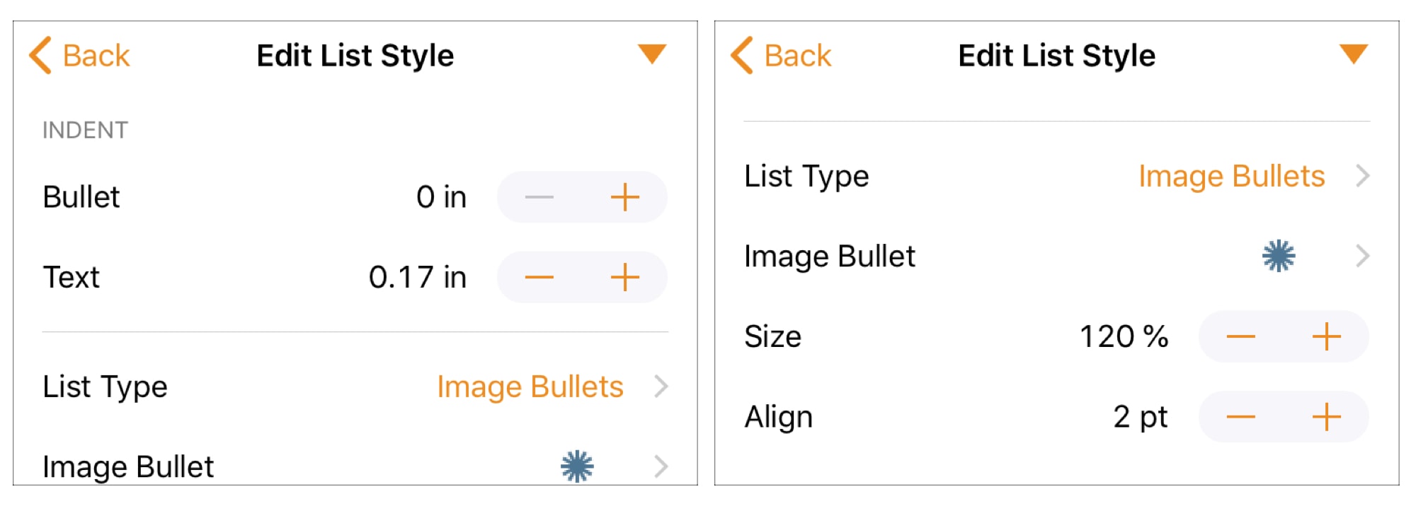 Custom Bullet Settings Pages iPhone