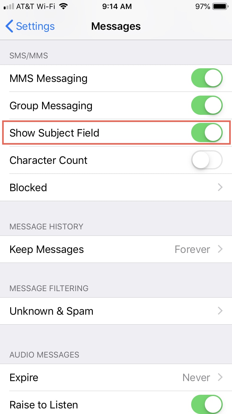 Show Subject Field in Messages iPhone