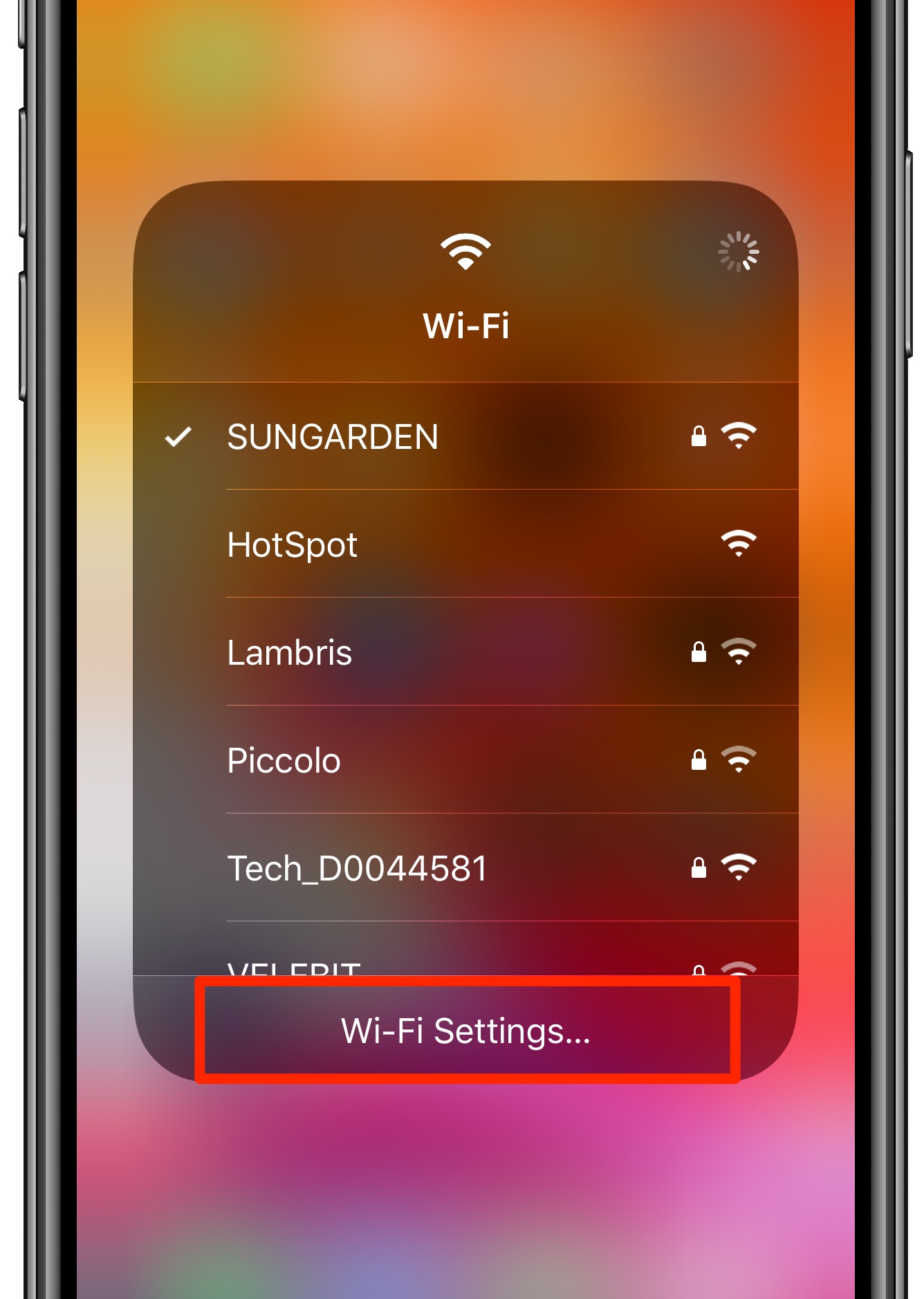 Wi-Fi Settings button in iPhone Control Center