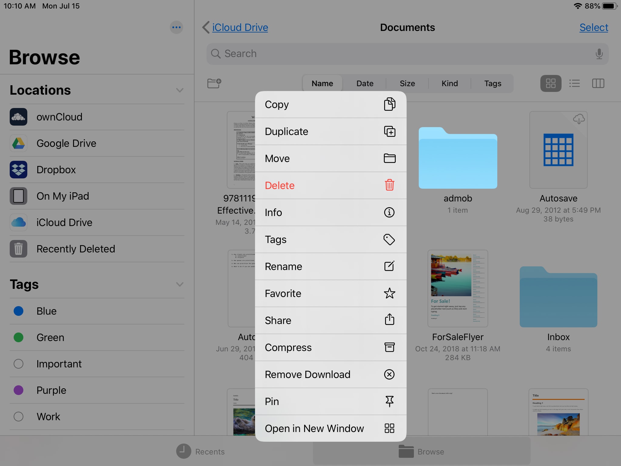 iPad Files Folder Quick Actions
