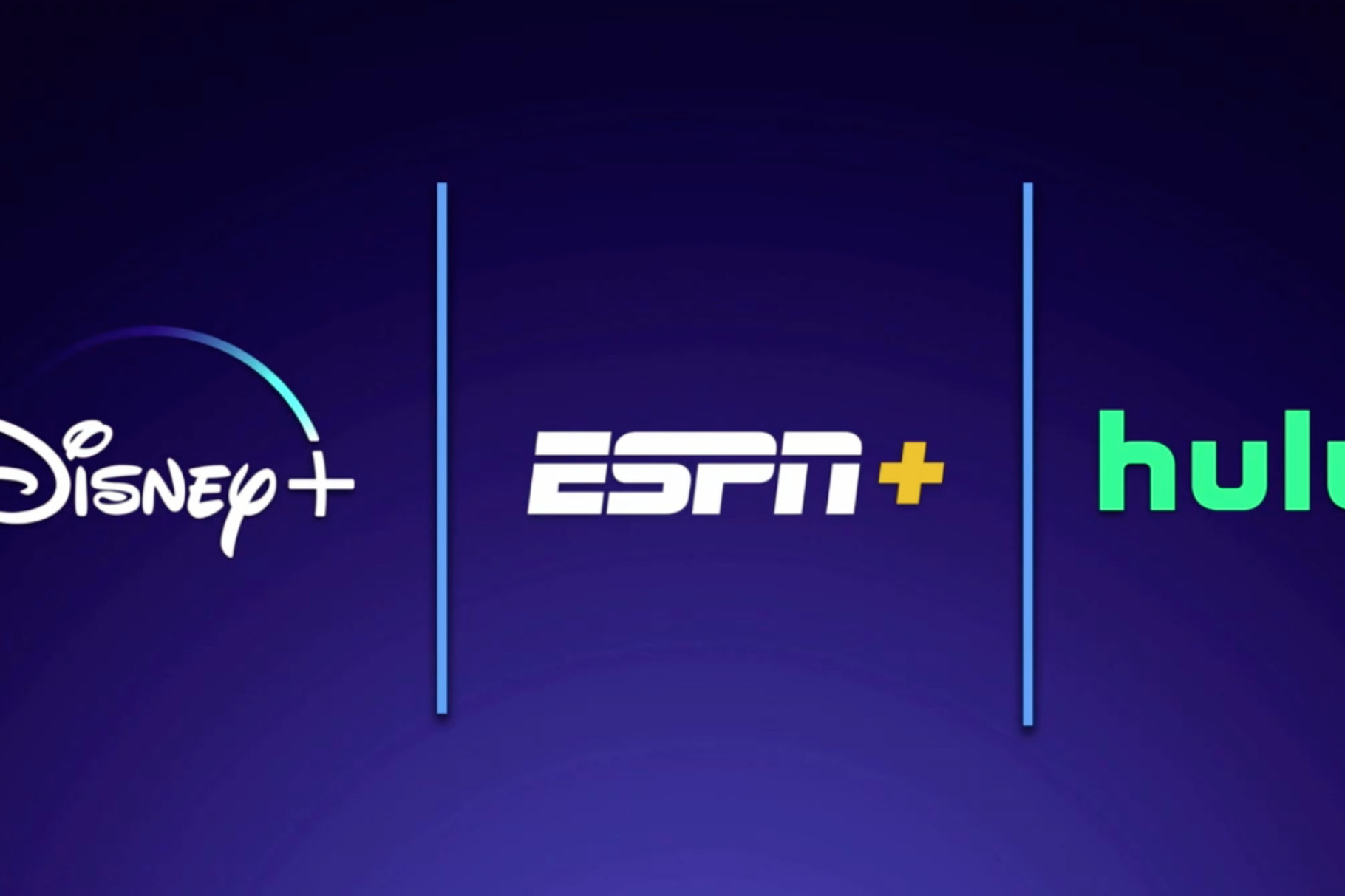 Marketing image showing the logos for Disney+, ESPN+ and Hulu set against a dark blue background