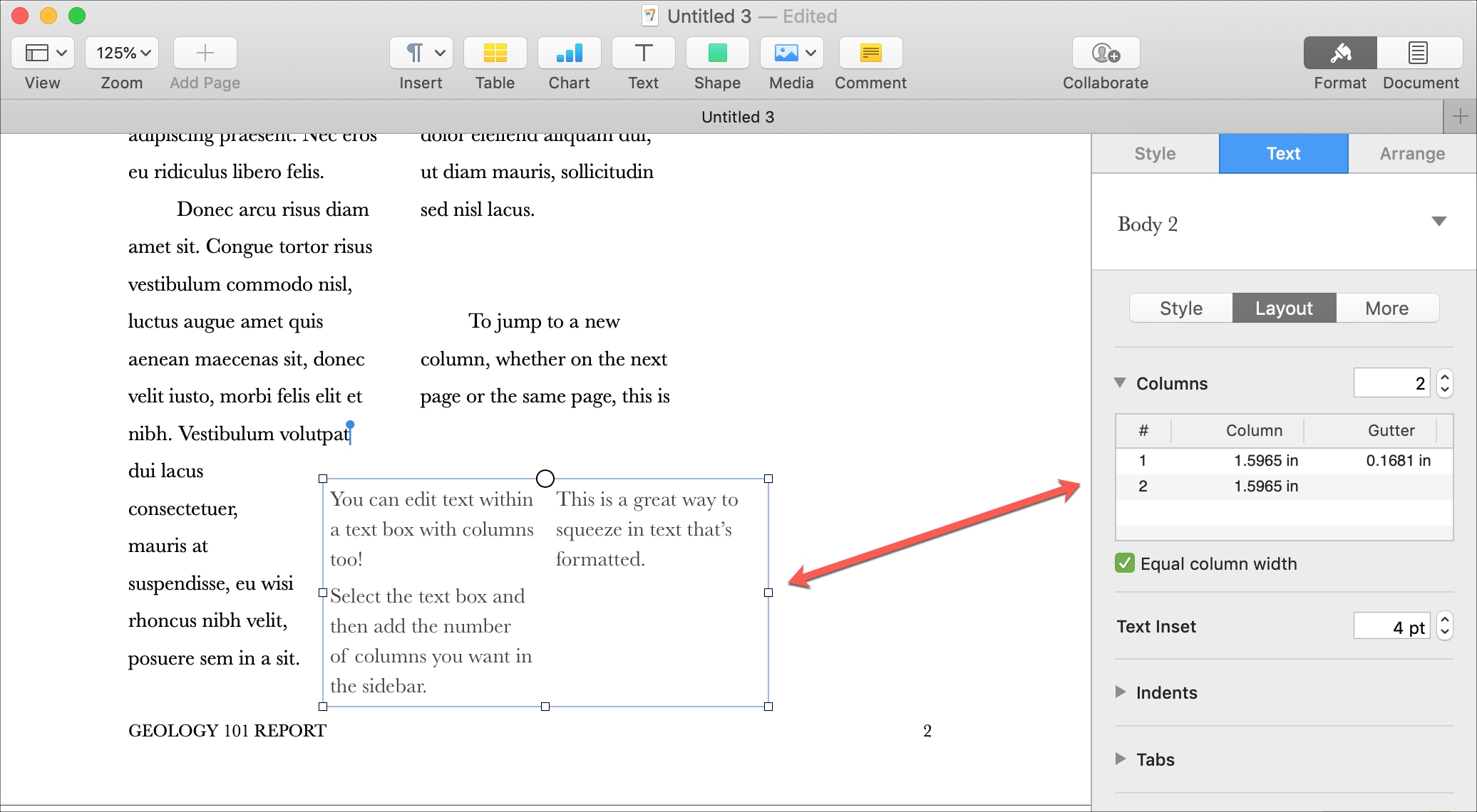 Insert Columns Text Box in Pages on Mac