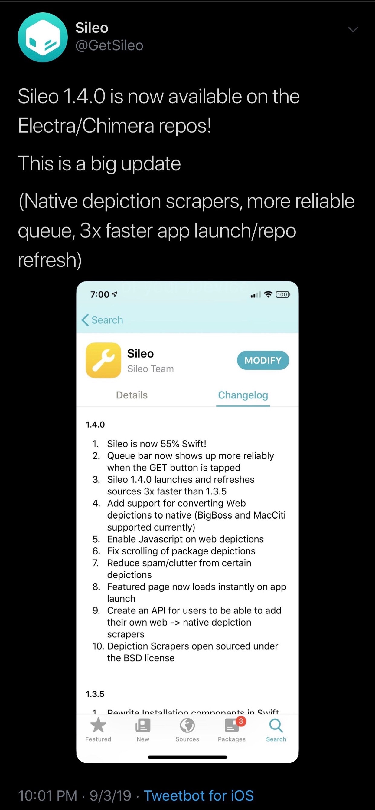 Download Links Sileo v1.4.0 brings speed boosts, adds more support for Swift & native depictions