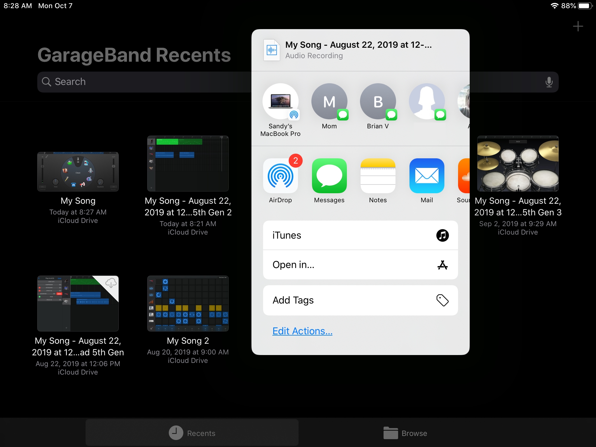 GarageBand Share Options iPad