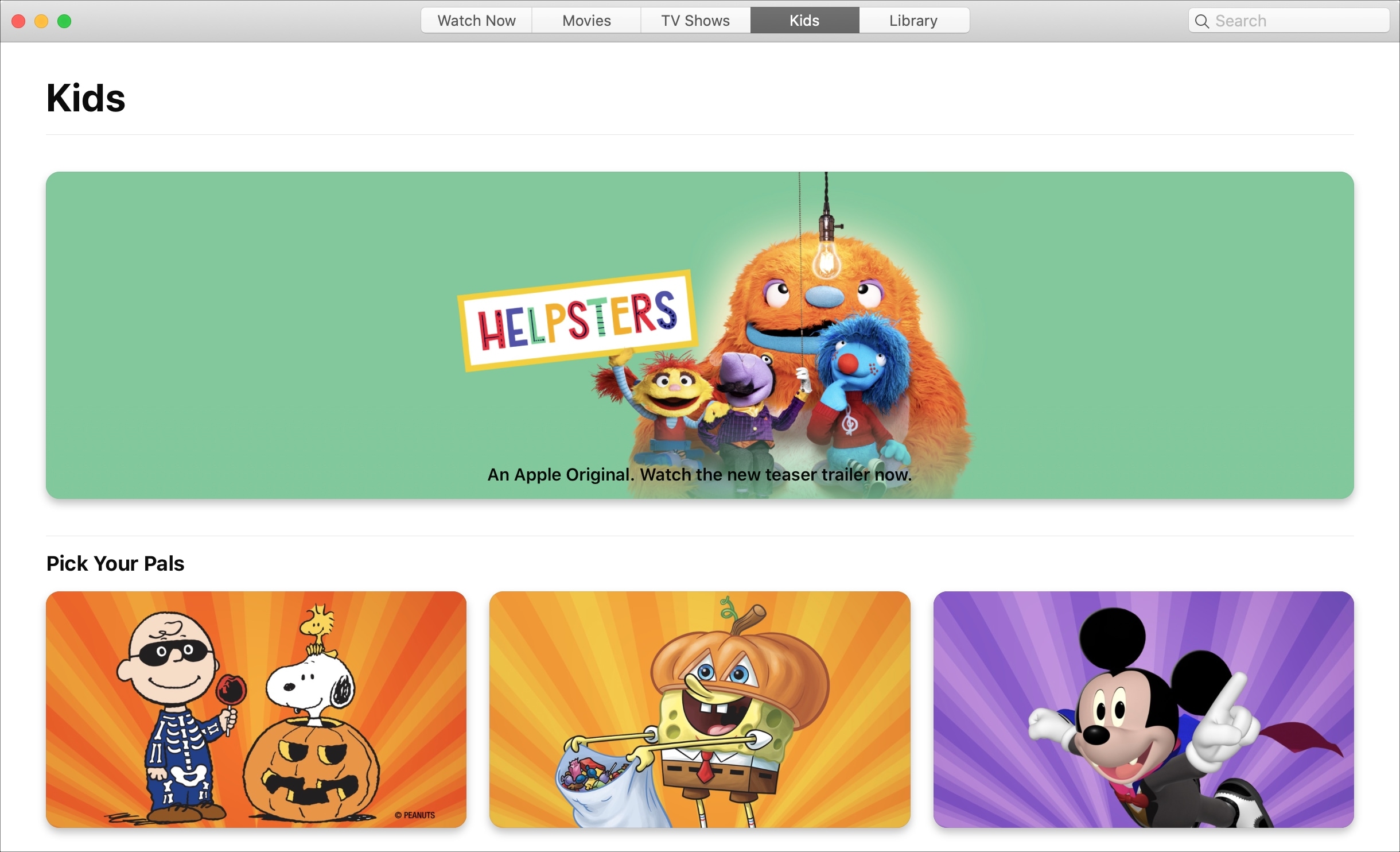 Kids section TV app on Mac