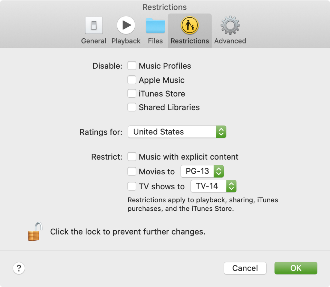 Music app restrictions on Mac