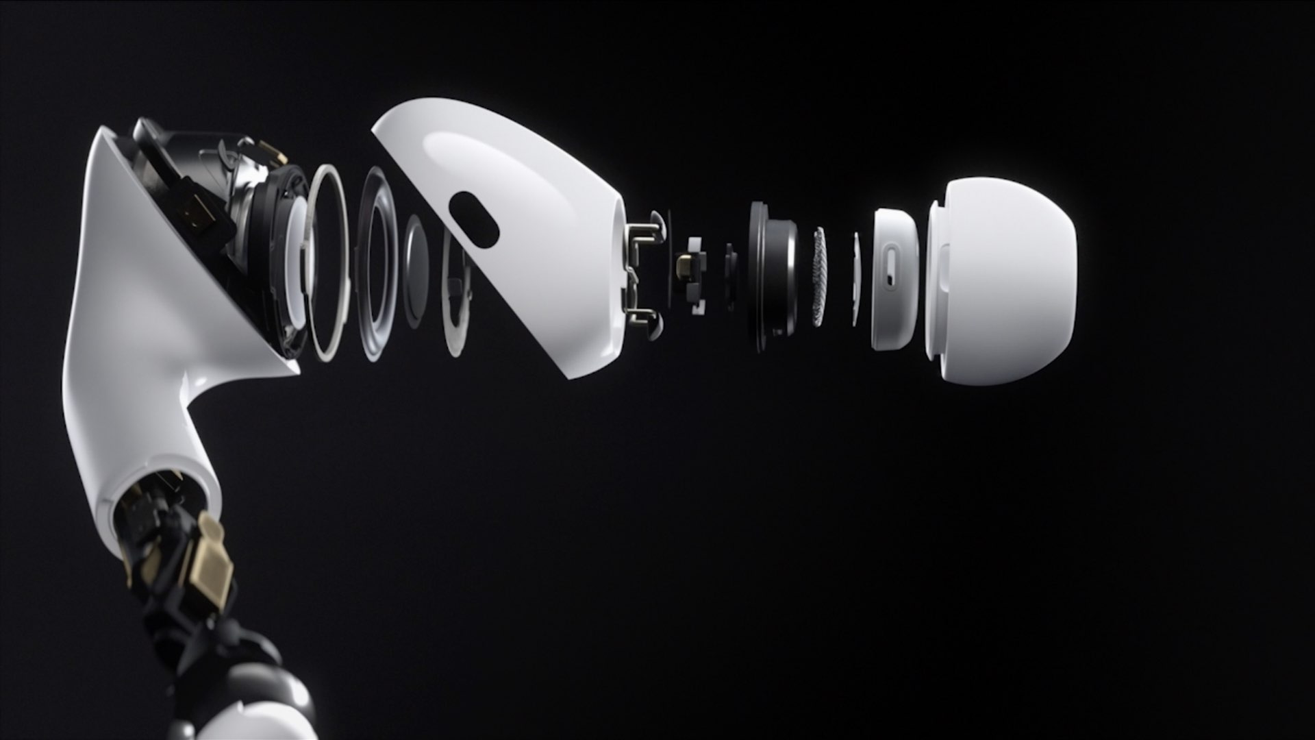 An exploding view of an AirPod Pro showing the internals of the earphone 