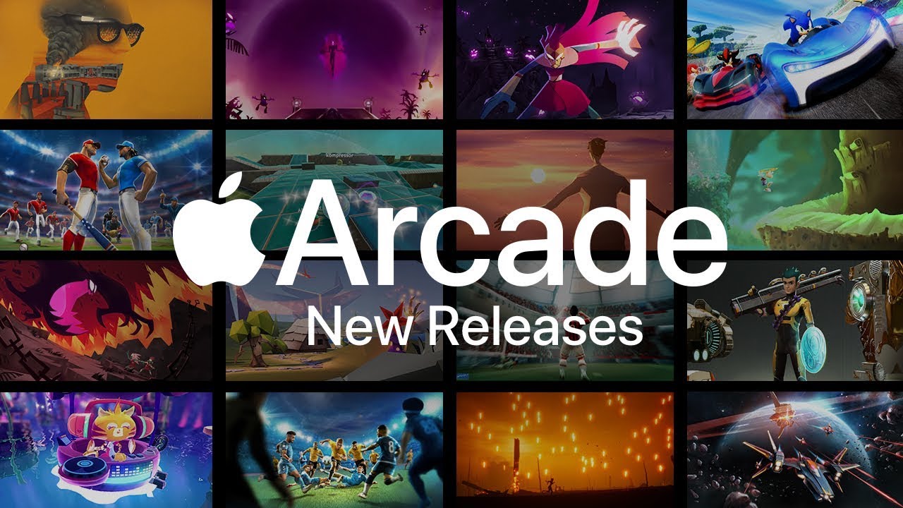 A banner with a collage of game screenshots and a tagline "Apple Arcade New Releases" at the center