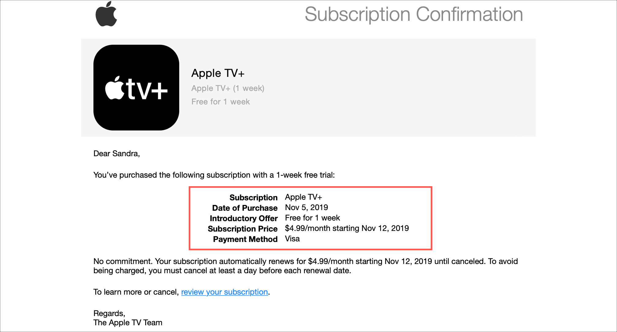 E-mail de confirmation Apple TV+