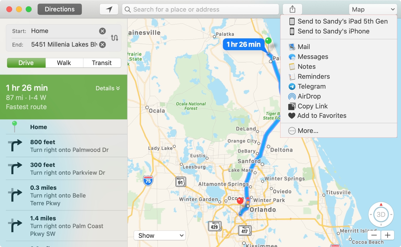 Map Share Send Directions on Mac