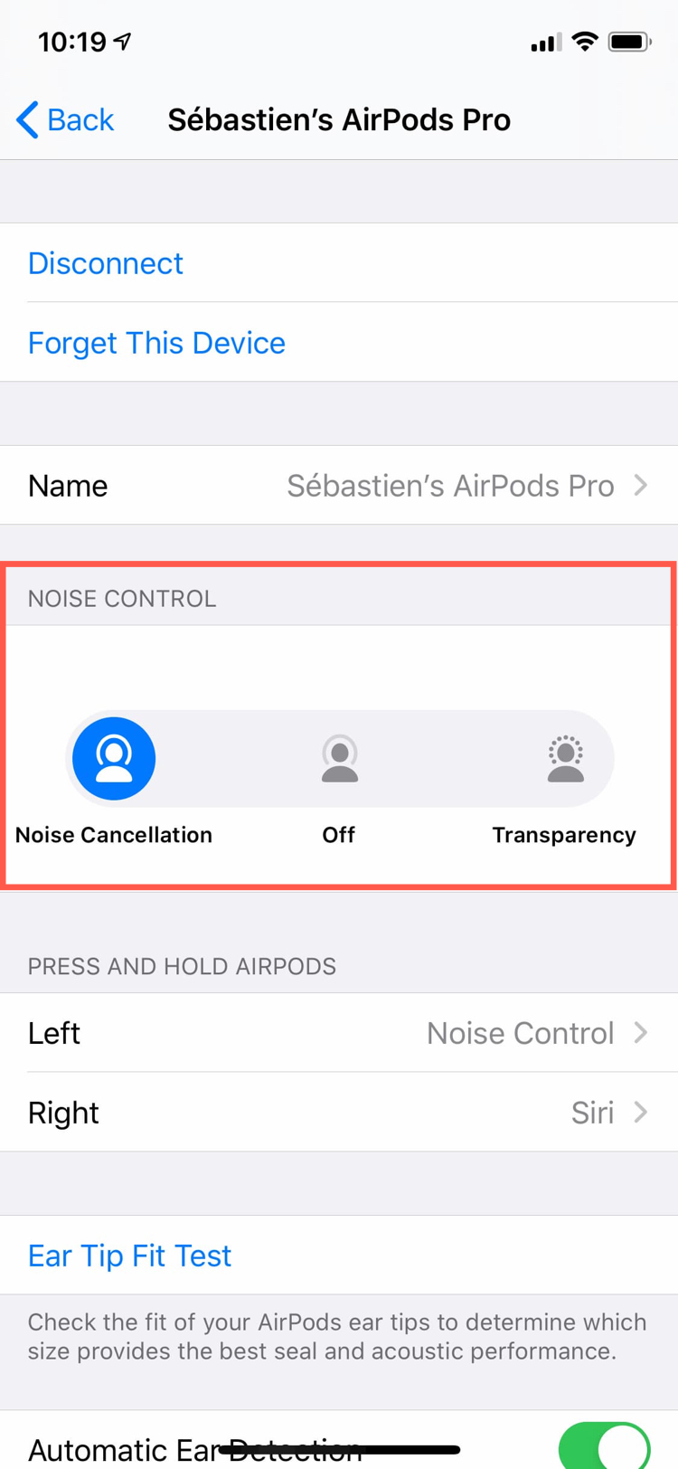 Settings AirPods Pro Noise Controls