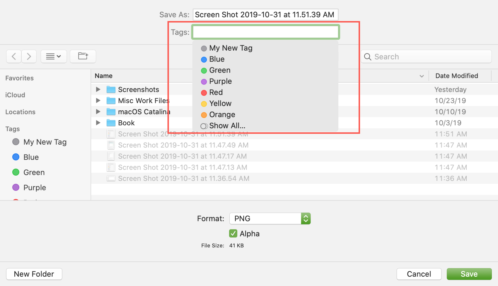 Save file Assign tag on Mac