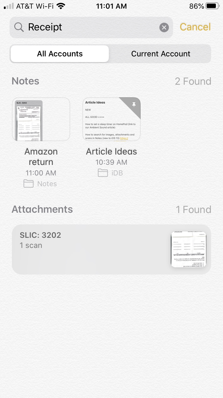 Search Scan Notes iPhone