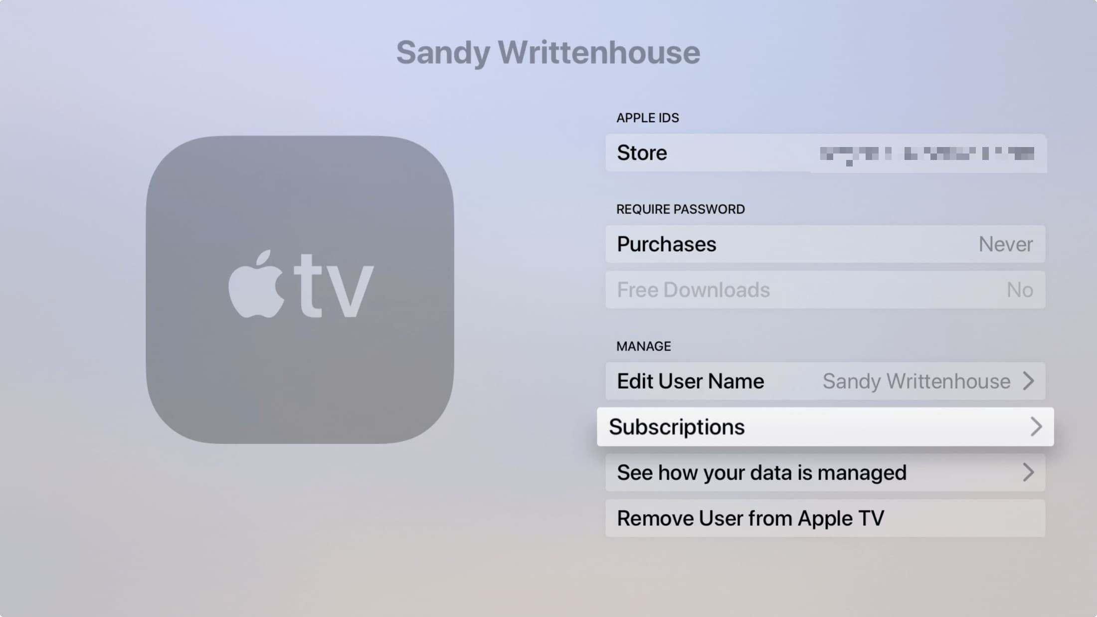 Settings Subscriptions on Apple TV