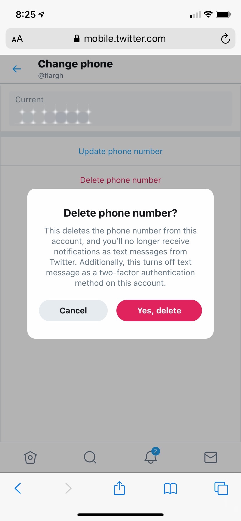 Twitter 2FA delete phone number