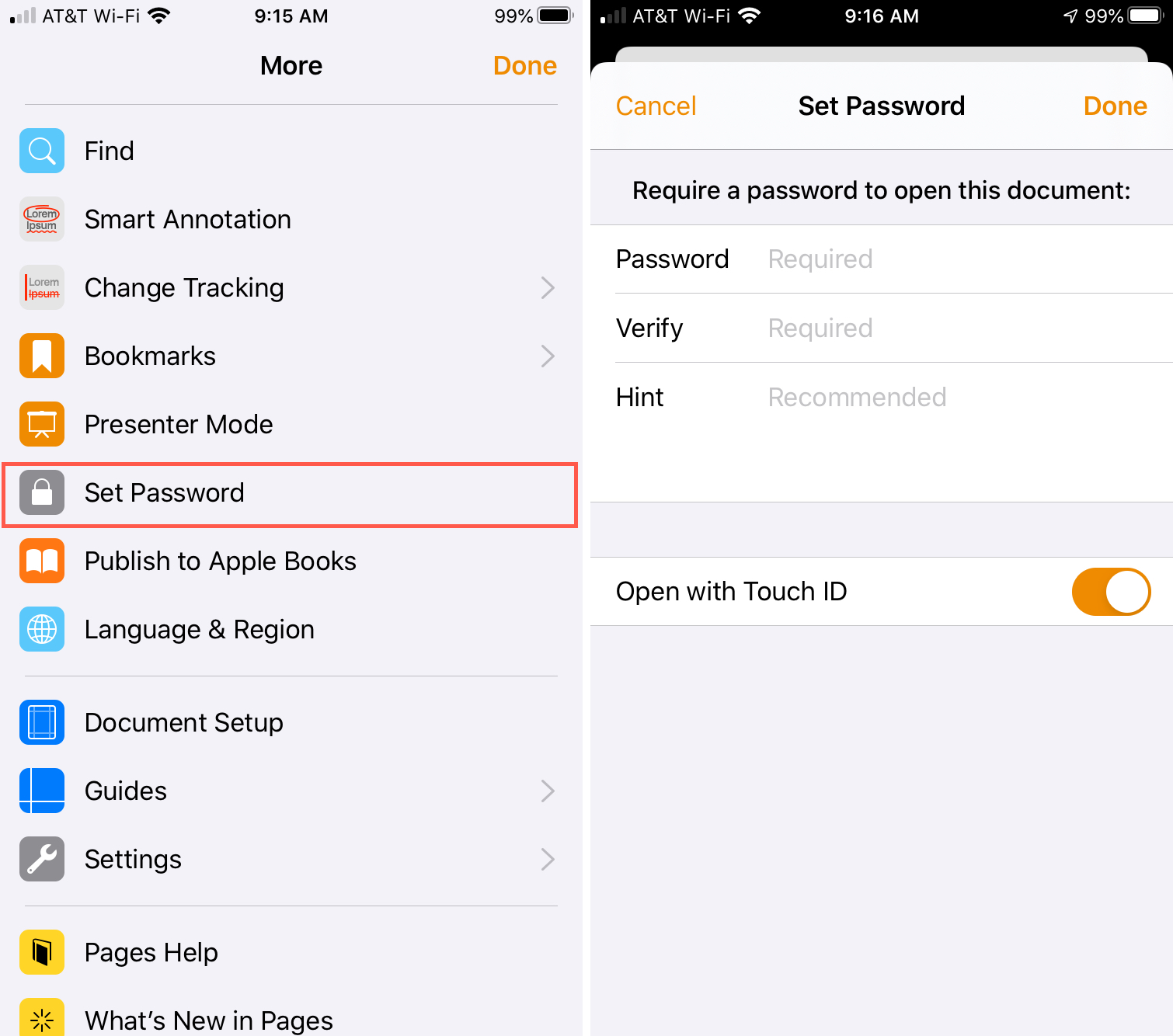 Add password Pages iPhone