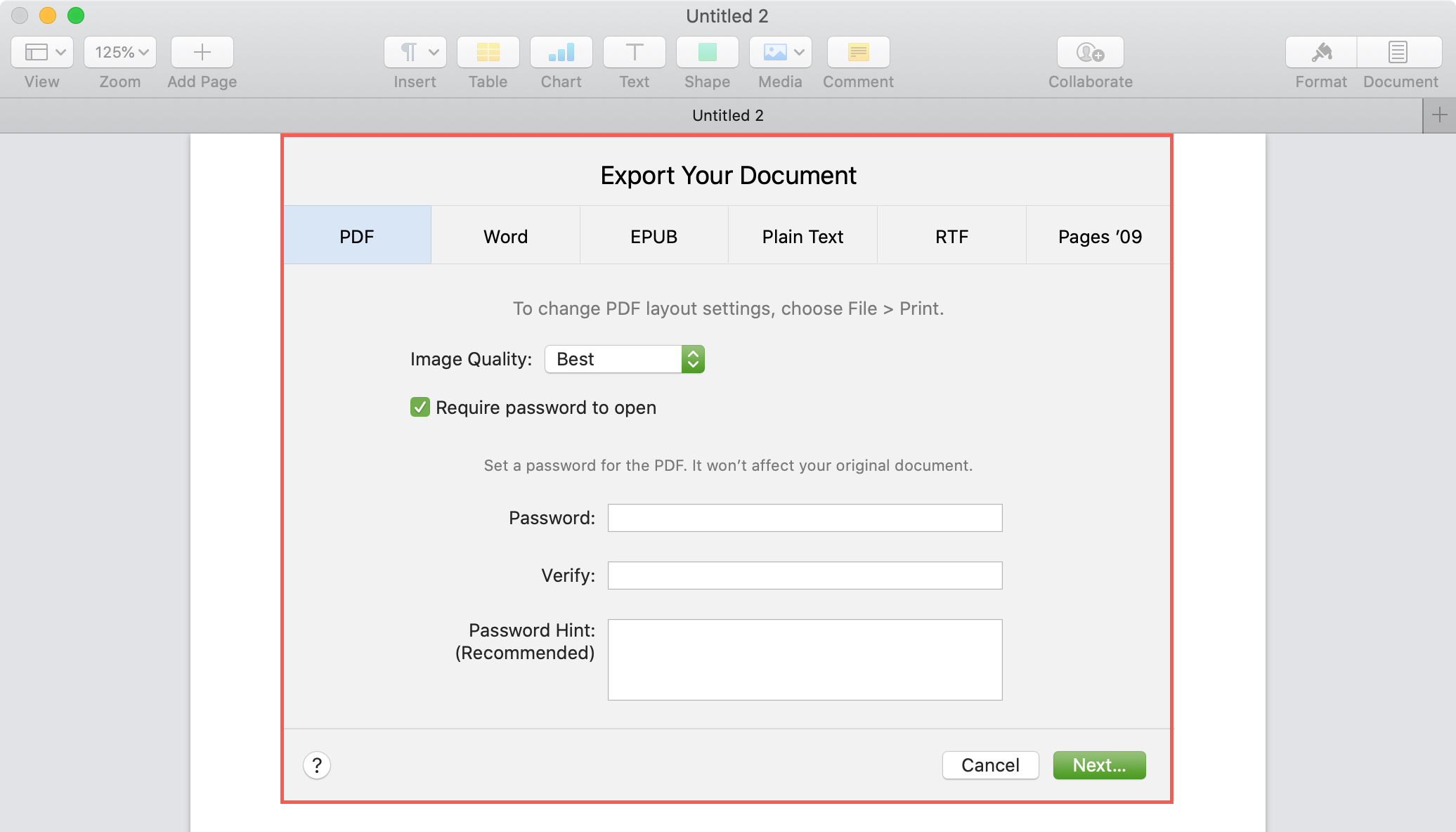 Add password export PDF Pages Mac