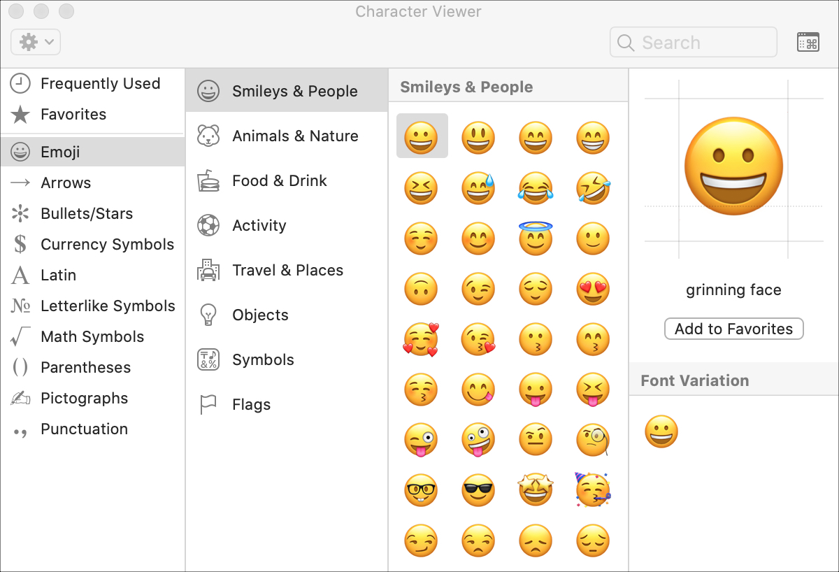 Emojis window on Mac