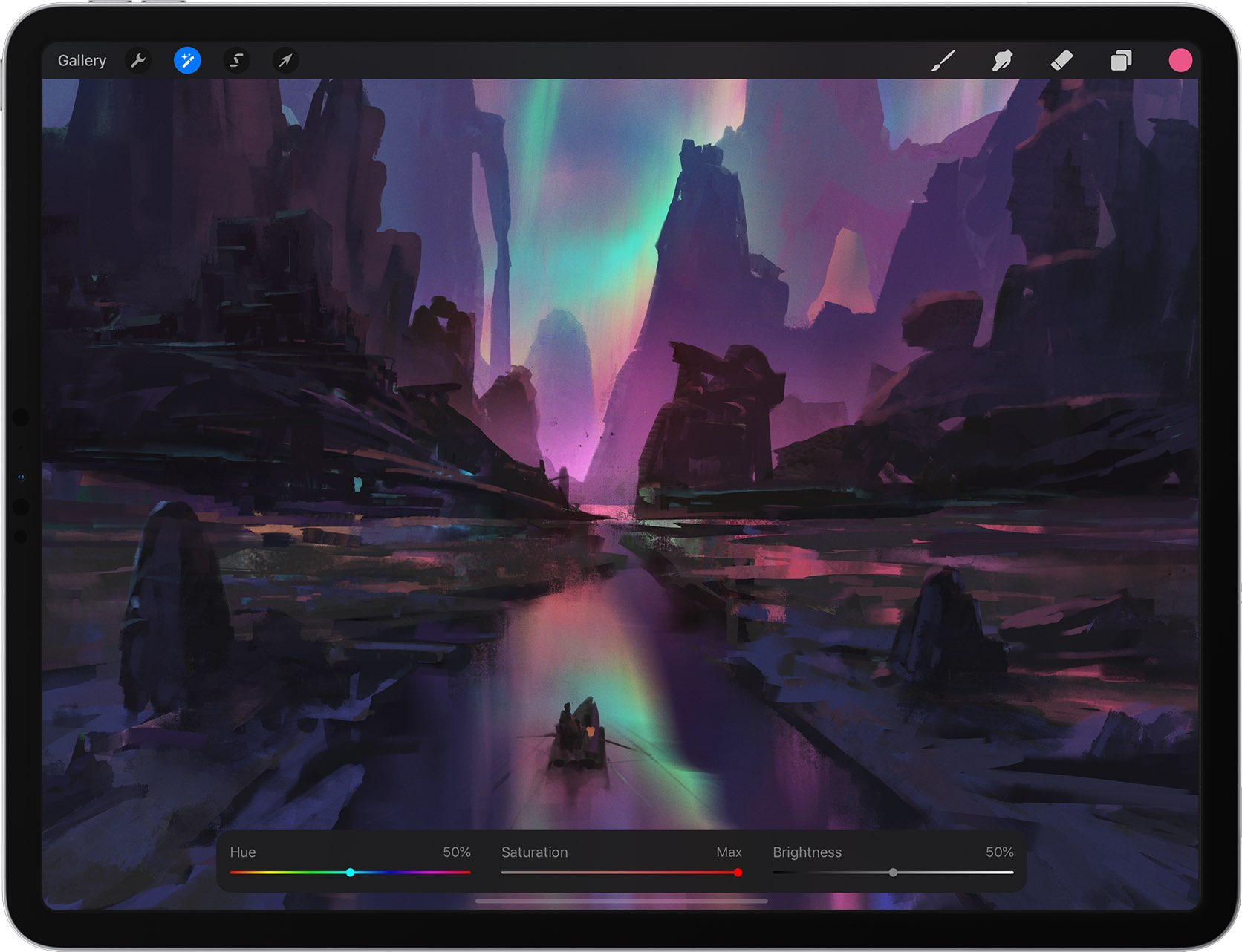 An iPad screenshot showing the new features in version 5.0 of the Procreate art app