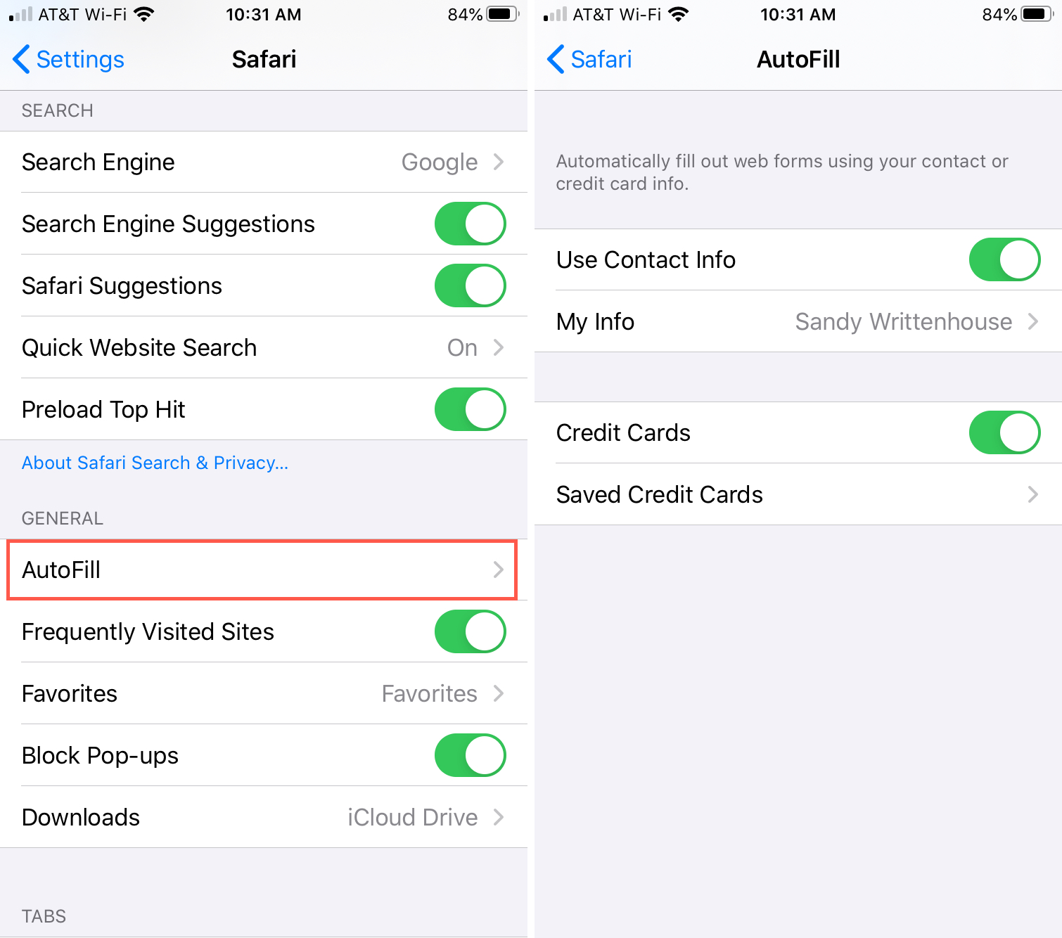 Safari iPhone Settings Autofill