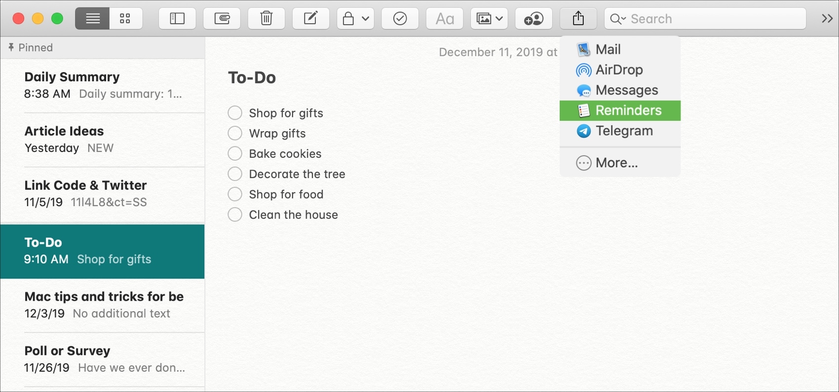 Share Note as Reminder Mac